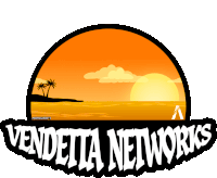 a logo for vendetta networks with a sunset on the beach