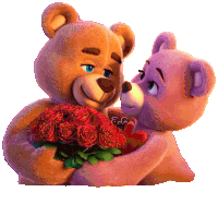 a couple of teddy bears hugging each other with one holding a bouquet of red roses