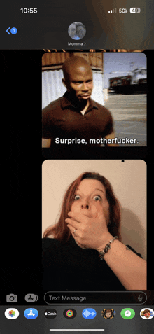 a phone screen shows a surprise motherfucker meme and a woman covering her mouth