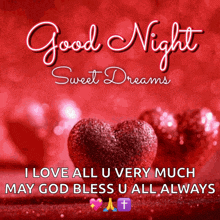 a good night sweet dreams card with a red heart