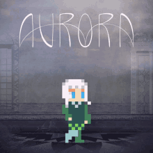 a pixel art illustration of a girl with the word aurora written above her