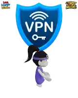 a cartoon girl is holding a shield that says vpn over her head