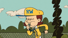 a cartoon character wearing a yellow hat that says rw on it