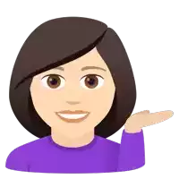 a woman in a purple shirt is smiling and pointing