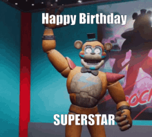 a cartoon character with the words happy birthday superstar