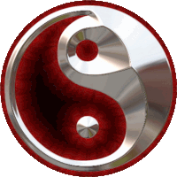 a red and silver yin yang symbol with a red circle around it