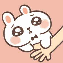 a cartoon drawing of a white rabbit being held by a hand