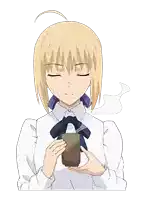 a blonde anime girl with her eyes closed is holding a cup of tea