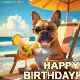 a dog wearing sunglasses sits on a beach chair holding a drink