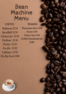 a menu for a bean machine with coffee and snacks on it