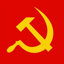 a red background with a yellow hammer and sickle on it .