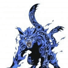 a cartoon drawing of a blue and black cat with a flame tail .