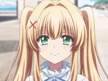 a girl with blonde hair has a red x on her forehead