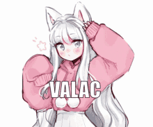 a drawing of a girl with white hair and a pink sweater that says valac on it