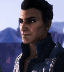 a close up of a man 's face in a blue jacket