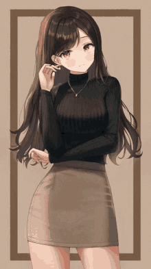 a girl with long brown hair wearing a black sweater