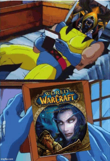 a cartoon of wolverine reading a book about world of warcraft