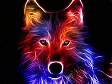 a colorful wolf with a circle in the middle of its mouth .