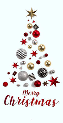 a merry christmas greeting card with a christmas tree made of ornaments