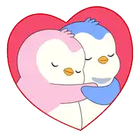 two penguins are hugging each other in a heart