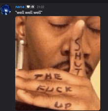 a picture of a man with the words " well well well " on his finger