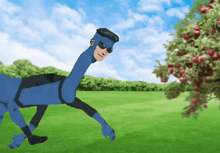 a cartoon drawing of a man with a long neck running in a field