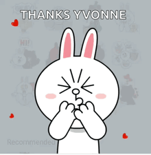 a cartoon bunny holding a red heart with the words thanks yvonne written above it