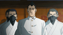 a group of men wearing white kimonos and black masks are standing together