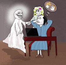 a cartoon of a man sitting at a desk with a laptop and a ghost standing next to him