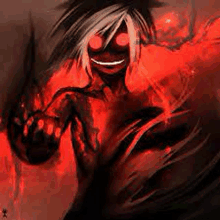 a painting of a demon with red eyes and glowing red eyes .