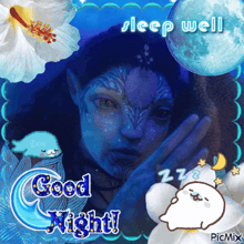 a picture of a woman with a blue face and the words sleep well