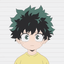 a drawing of a boy with green hair and a yellow shirt