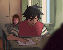 a cartoon of a boy sitting at a desk with a piece of paper on it