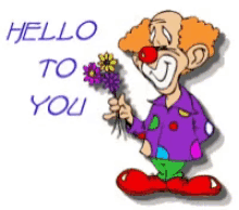 a cartoon clown holding a bouquet of flowers with the words hello to you below him