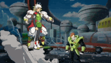 a cartoon of a man standing next to another man with the number 16 on their shirt