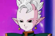 a close up of a cartoon character with a shaved head and earrings .