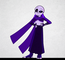 a cartoon drawing of a skeleton wearing purple pants and a purple scarf