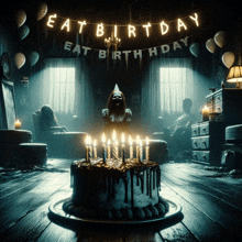 a dark room with a birthday cake and a banner that says eat birthday