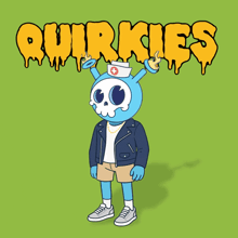 a cartoon character with a skull on his head and the word quirkies behind him