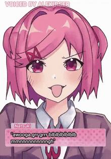 a cartoon of a girl with pink hair making a face