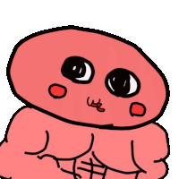 a drawing of a red cartoon character with big eyes and a muscular torso