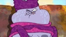 a close up of a cartoon character wearing a purple scarf and a hat .