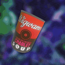 a can of wigwam crablet crunch soup against a purple background