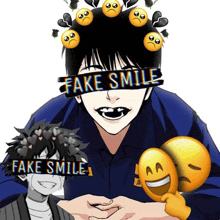 a boy with fake smile on his face