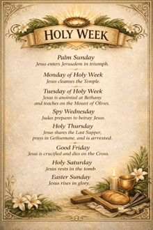 a poster for holy week with palm sunday monday of holy week and tuesday of holy week