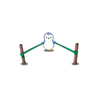 a blue and white penguin with an orange beak smiles