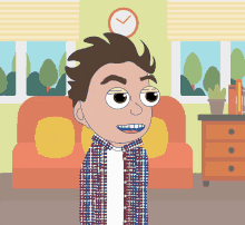 a cartoon of a boy standing in front of a clock