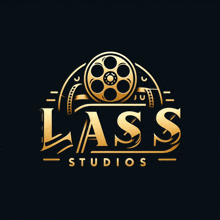 a gold logo for lass studios with a film reel in the background