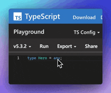 a screenshot of a ts typescript window with a cursor pointing to a line that says type hero = any