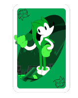 a green playing card with sonic the hedgehog holding a microphone